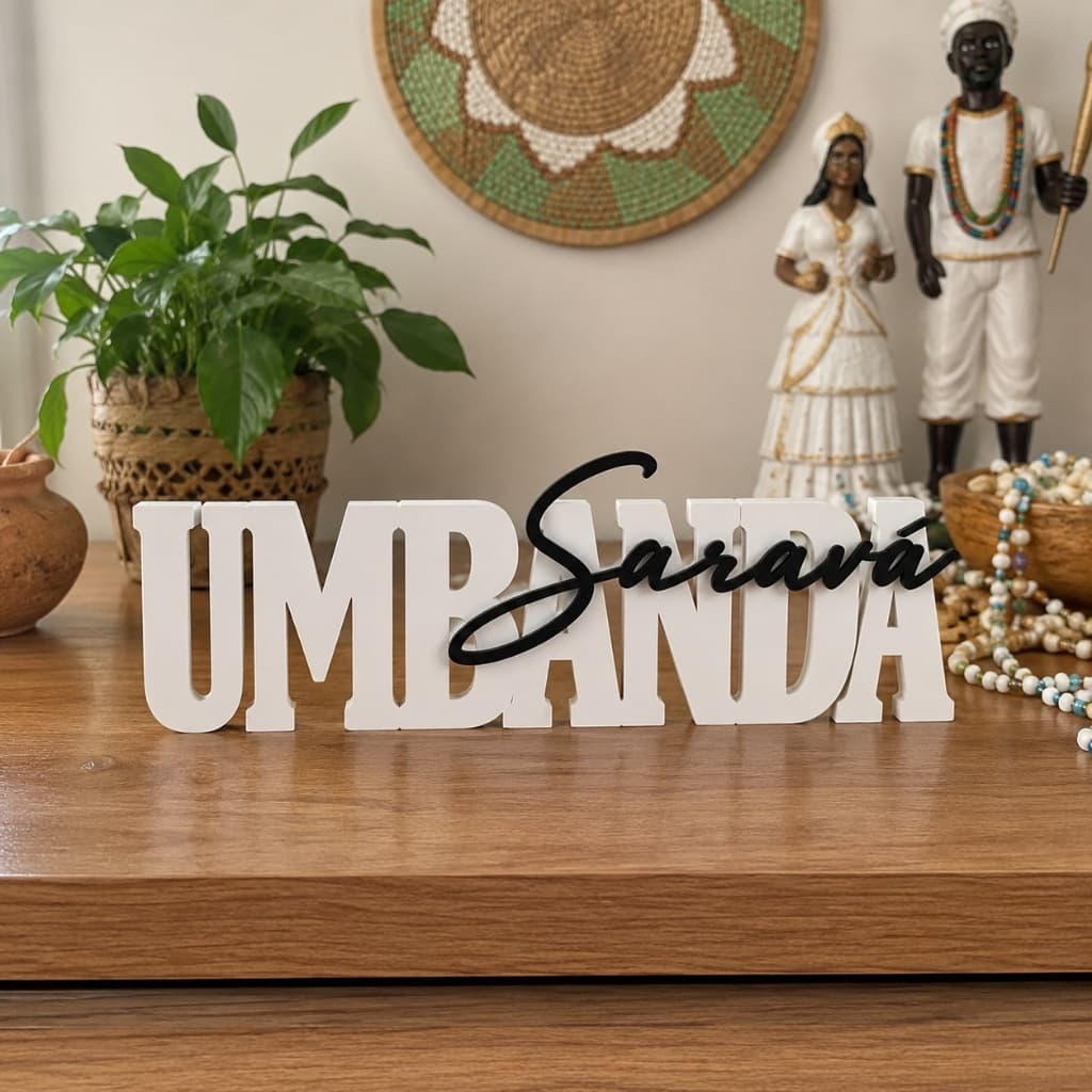Saravá Umbanda Letreiro Decorativo de Mesa Branco e Preto
