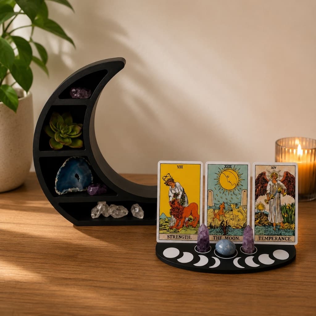 Kit Suporte para Cartas de Tarô + Organizador Lua Crescente para Cristais e Pedras Decorativo