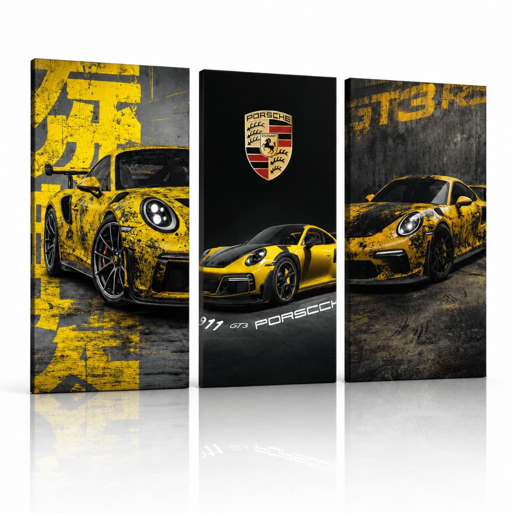 Kit 3 Quadros Decorativos Porsche 911 GT3 Amarelo para Quarto Gamer Garagem e Escritório