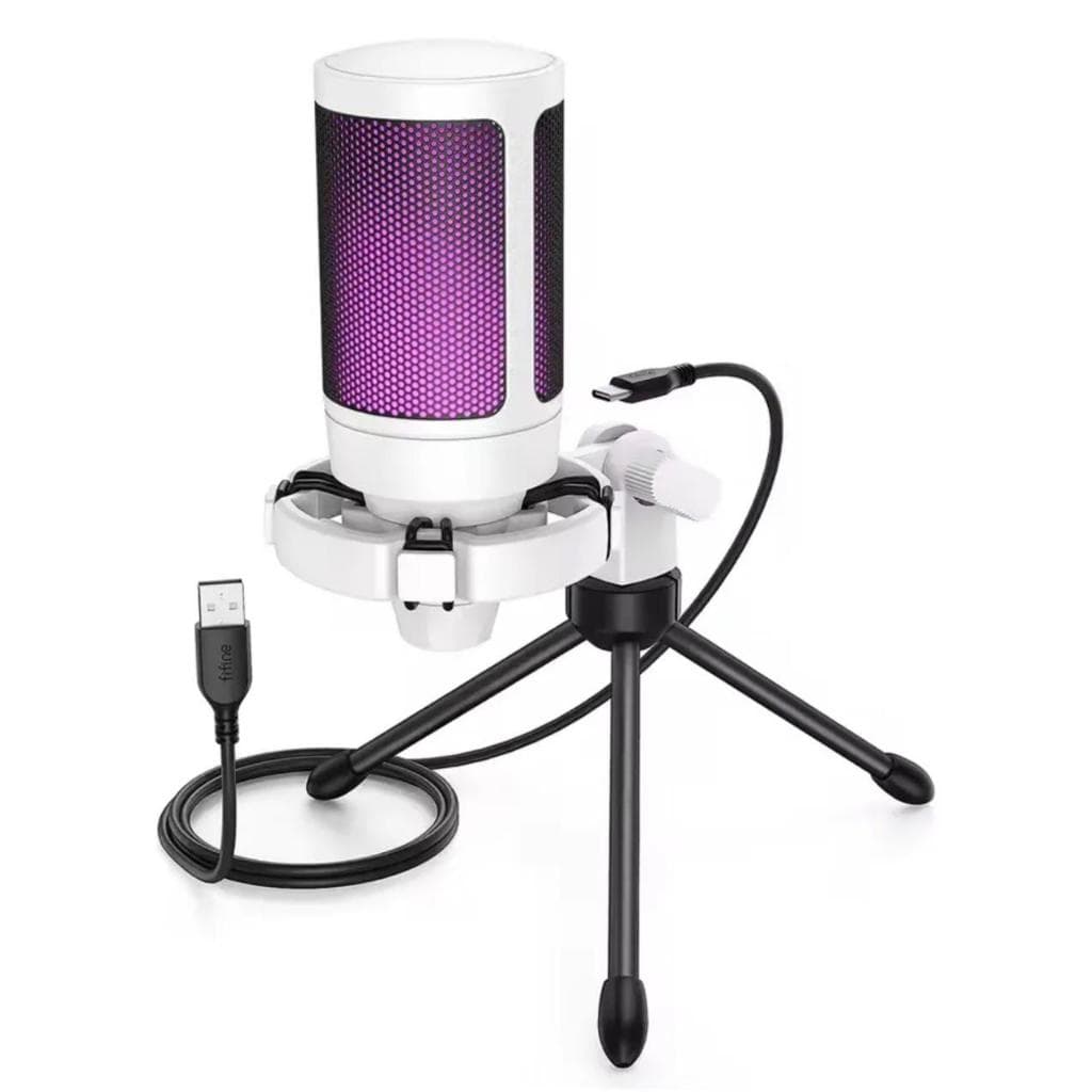 MICROFONE FIFINE A2, COR BRANCO, CONDENSADOR RGB USB COM BOTÃO MUTE.
