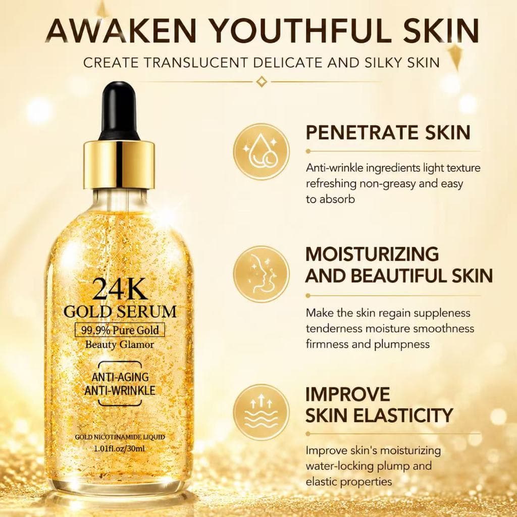 Sérum Facial 24K Gold com Niacinamida Hidratante Pele Radiante Skincare Anti Idade 30ml