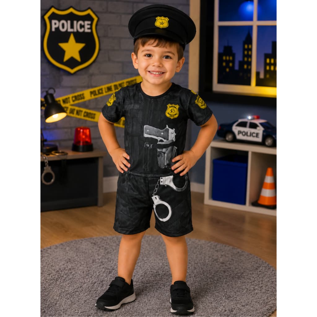 Fantasia Infantil Policial Com Chapeu Roupa Macacão Leve e Confortavel Profissão Diversão