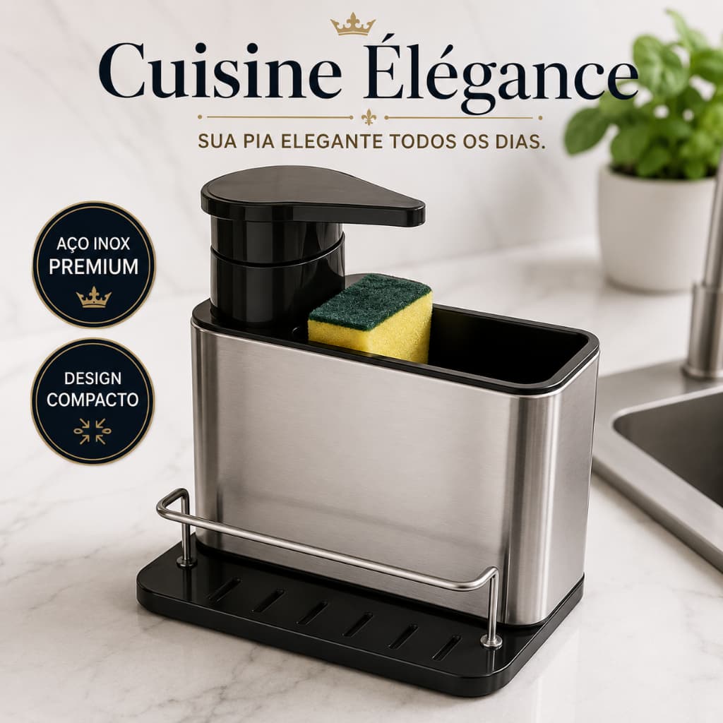 Dispenser para Detergente Porta Esponja Suporte Compacto Organizador de Pia Premium de Aço Inox Cuisine Élégance