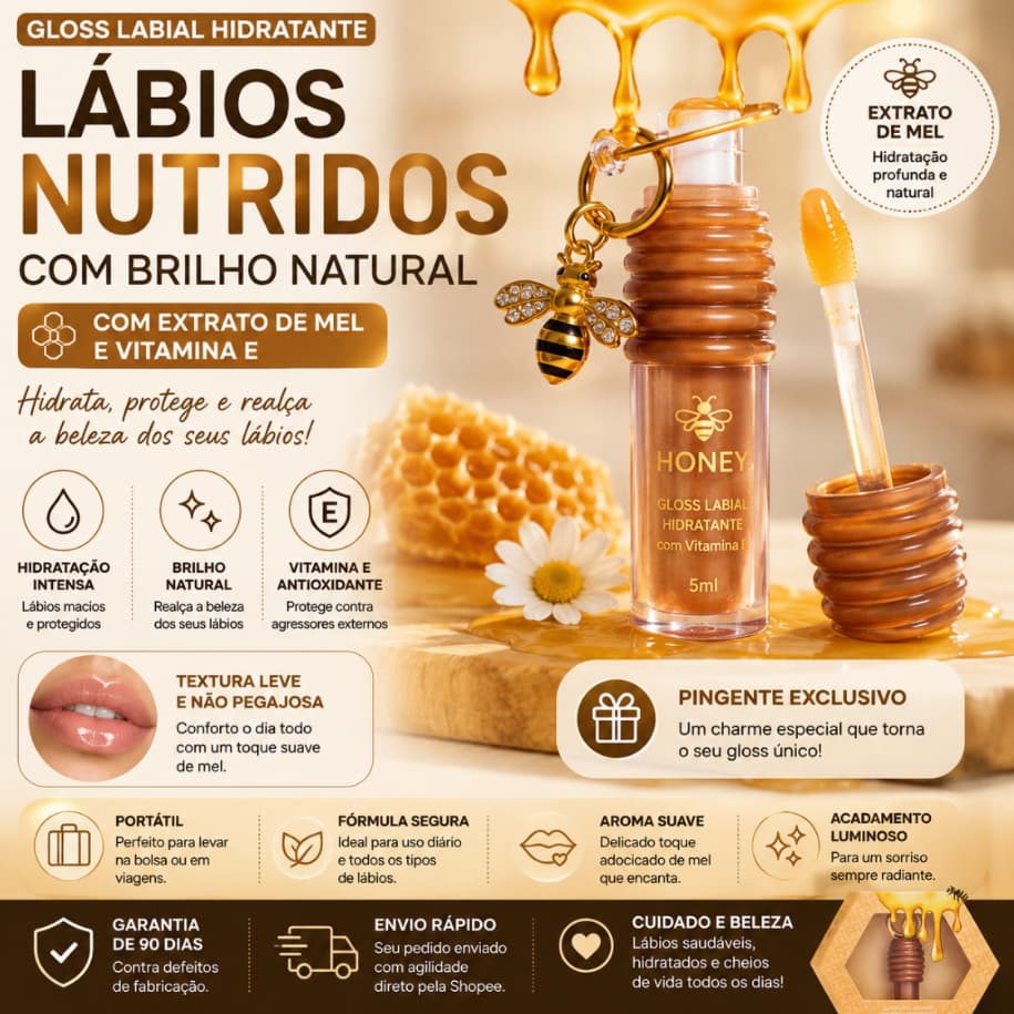 Gloss Labial Hidratante Mel com Brilho Natural e Pingente Exclusivo | Lábios Nutridos e Protegi