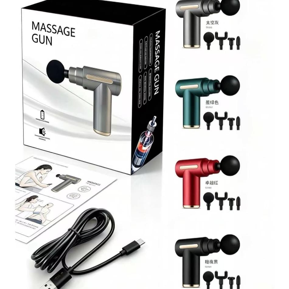 Pistola de Massagem Muscular Portátil Elétrica Profissional Recarregável USB com Múltiplas Ponteiras para Relaxamento