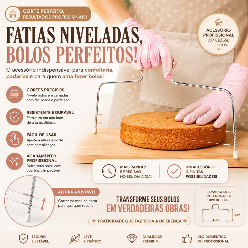 Cortador Nivelador Fatiador Bolos Fio Duplo Ajustável Inox Confeitaria