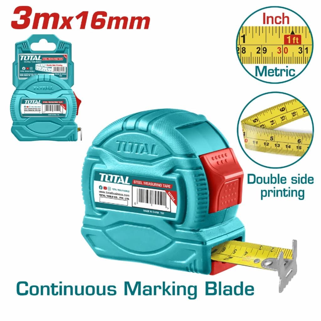 TRENA MÉTRICA DE AÇO 3m X 16mm Dupla Marcação - TOTAL TOOLS