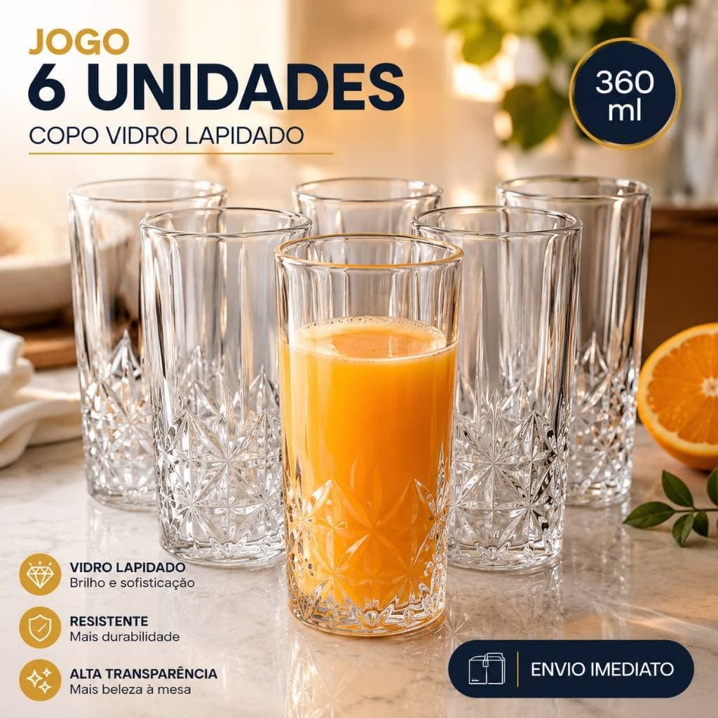 Conjunto Kit Jogo de 6 Copos Vidro Lapidado 360ml 14x7cm Grosso Grande Clear Ônix Bebidas Sucos Água