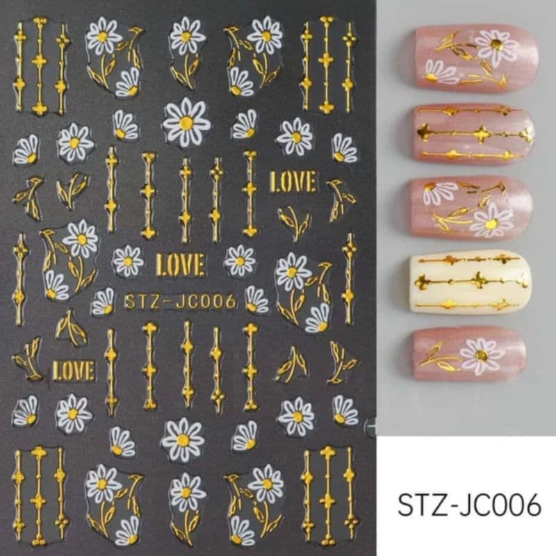 Adesivos de Unha 5D Margaridas com Detalhes Dourados – Nail Design Autocolante para Decoração de Unhas