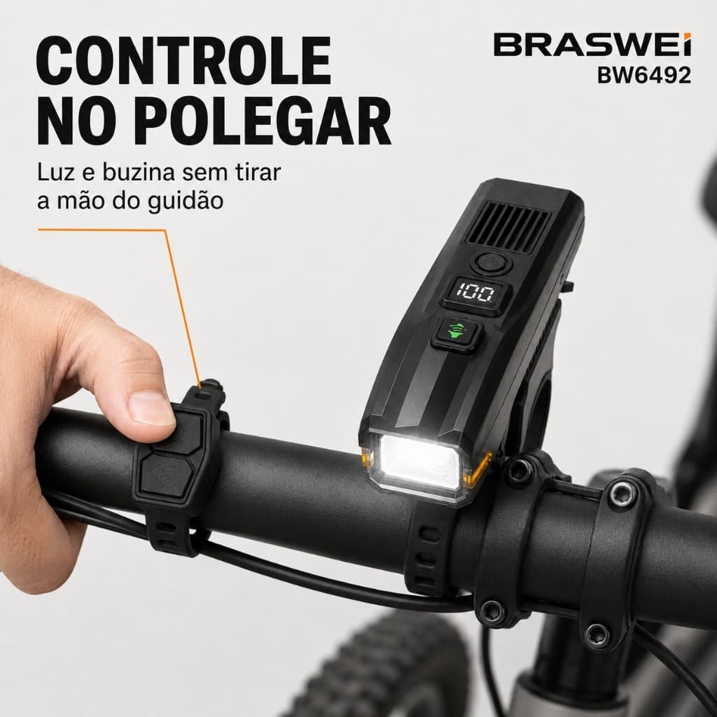 Farol Bike Lanterna LED Bicicleta Controle Remoto Sem Fio Buzina Display Digital 5 Modos USB-C BRASWEI BW6492
