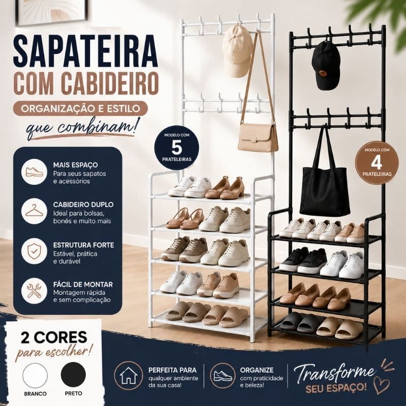 Cabideiro com Sapateira Organizador Multiuso Arara Porta Sapatos 4 ou 5 Níveis Branco e Preto Closet