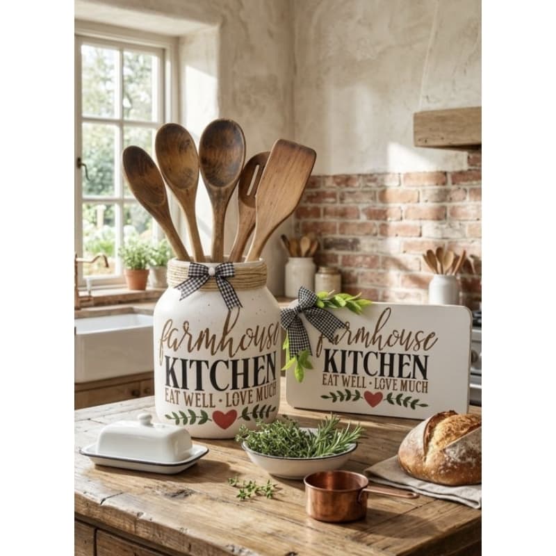 Kit Cantinho da Cozinha Farmhouse: Pote para Utensílios e Placa Decorativa
