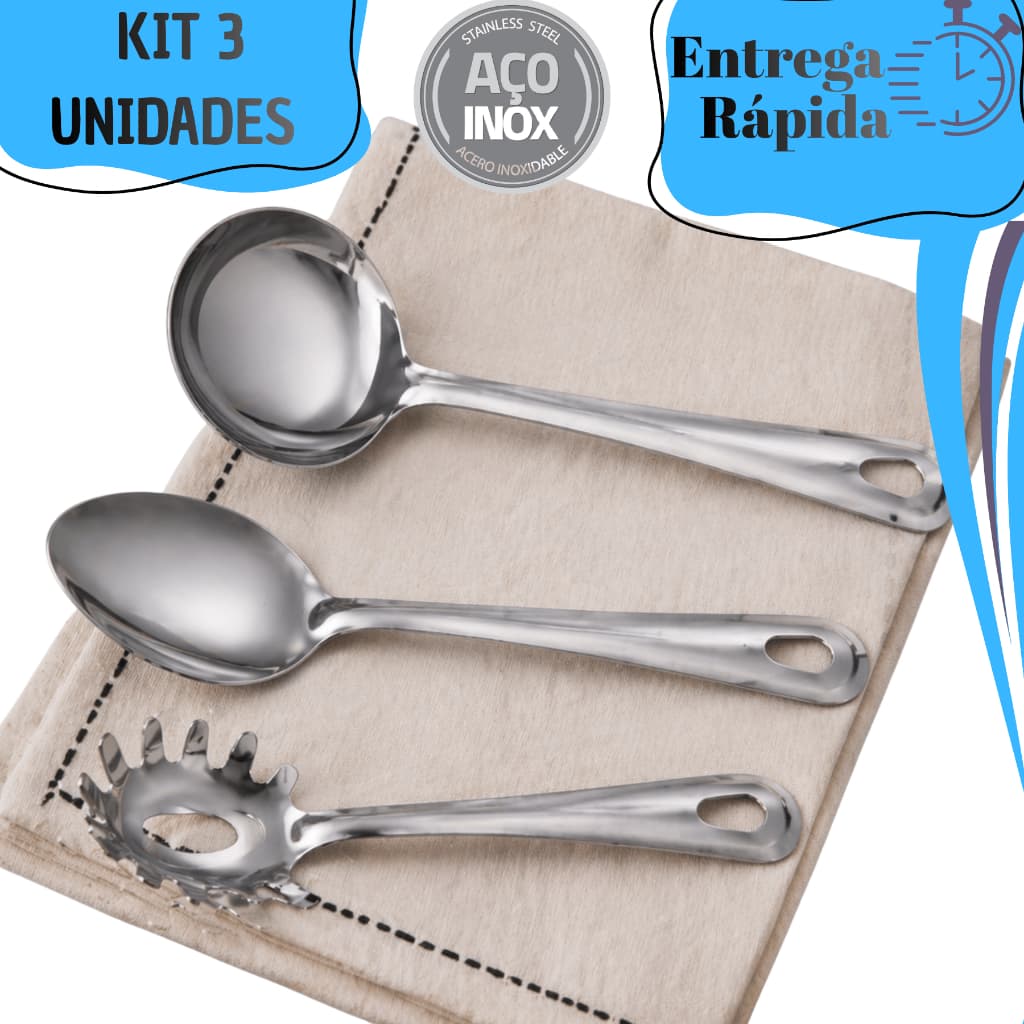 Kit 3 Peça de Utensílios de Cozinha Aço Inox Pegador de Massas Concha Colher de Arroz Restaurante Buffet Cozinha Premium