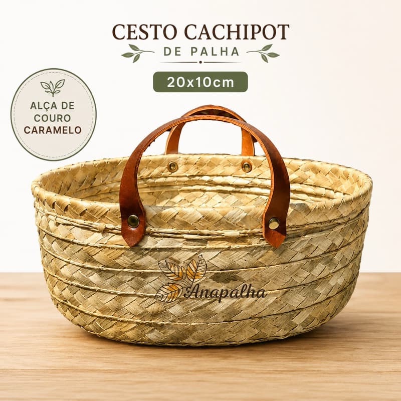 Cesto Cachepot de Palha Natural com Fundo em MDF e Alça de Couro 20x10 cm