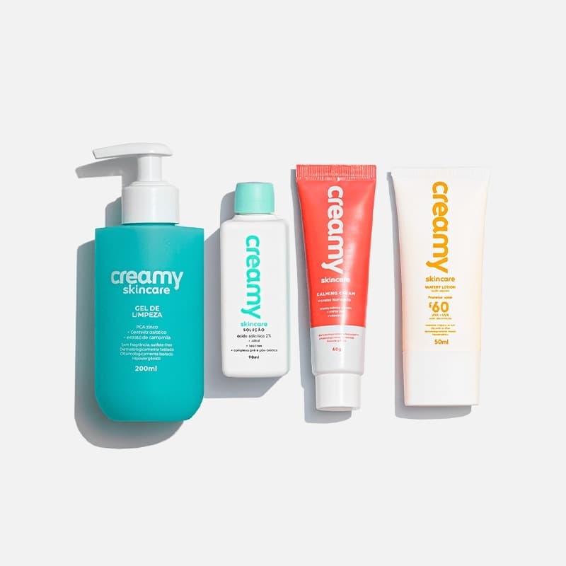 Kit Creamy Rotina para Pele Oleosa – Gel de Limpeza + Ácido Salicílico + Calming Cream + Protetor Solar FPS 60
