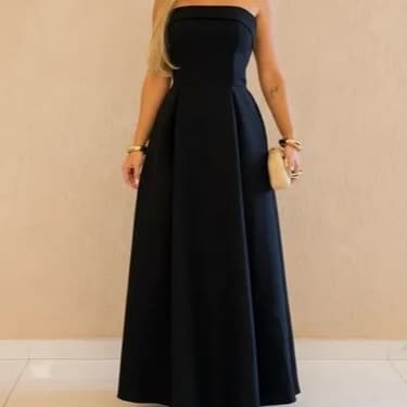 Vestido Longo Feminino Preto Solto Rodado Tomara Que Caia Sem Alça Com Bojo Decote Abertura Nas Costas Roupa Moda