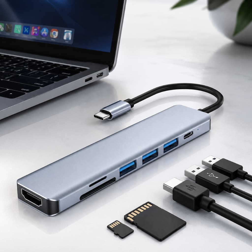 Hub Adaptador USB-C 7 em 1 Premium HDMI 4K USB 3.0 Leitor SD/TF para Notebook PC Mac Home Offic