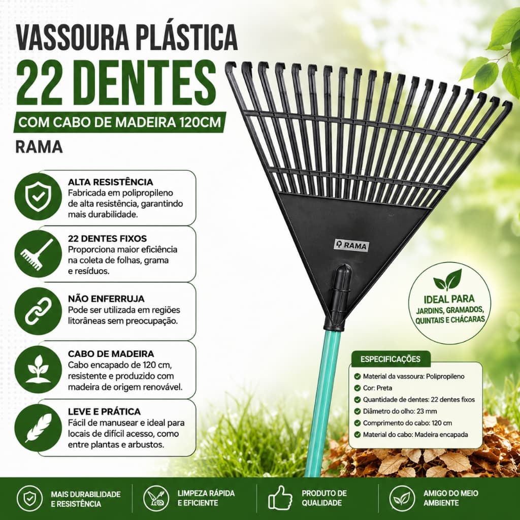 Vassoura Rastelo Plástica Preta Jardim 22 Dentes com Cabo de Madeira 120cm RAMA