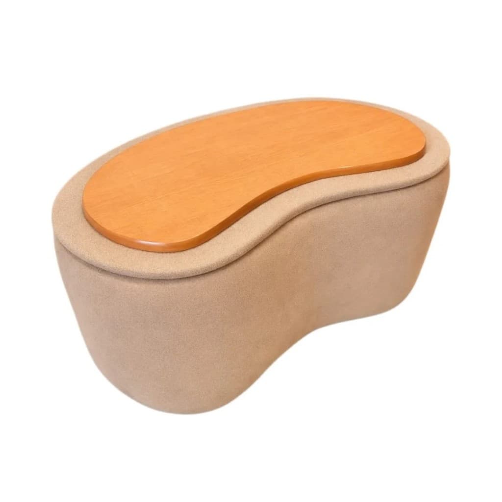 Puff Moderno Orgânico Para Sala Com Tampo Madeira Bouclé com Báu