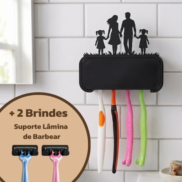 Porta Escovas de Dente Parede – Fixação Sem Furo – Suporte Para 4 Escovas + Fita Dupla Face Forte + 2 Brindes