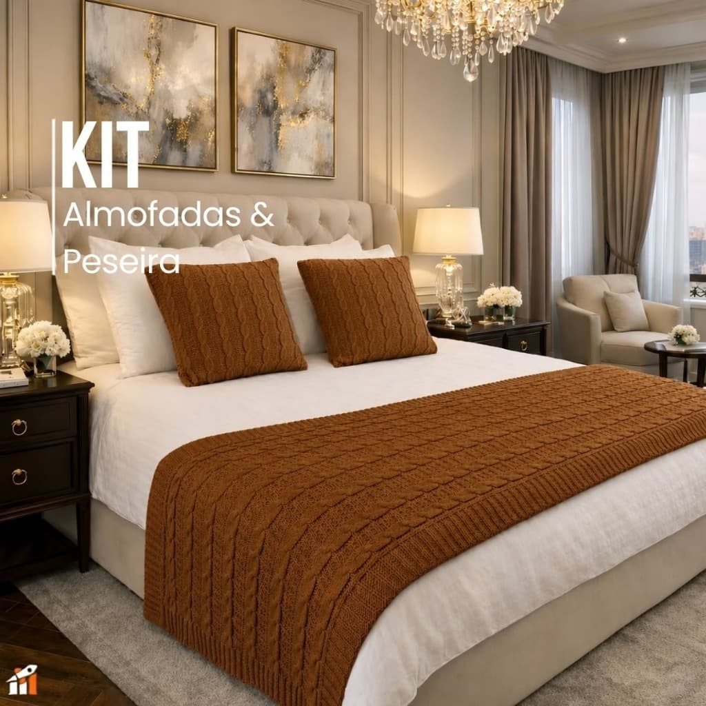 Kit Peseira para Cama com 2 Capas de Almofada Tricô Luxo Decorativo Casal Queen Elegante