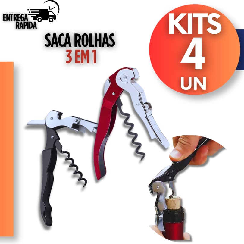 Abridor de Vinho 3 em 1 Saca Rolhas Inox Profissional