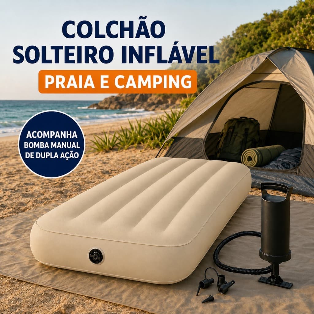 Colchão Inflável Solteiro Suporta Até 150kg Camping Praia Bege+ Bomba de Ar Manual