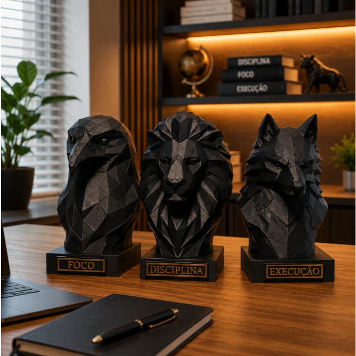 Transforme seu escritório com o Kit Foco Disciplina Execução Esculturas Decorativas Premium para produtividade e inspira