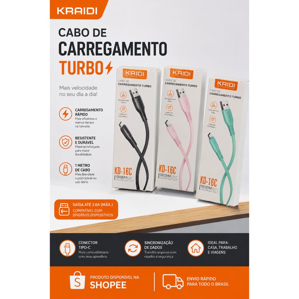 Cabo USB para Tipo-C KRAIDI KD-16C 1 Metro Carregamento Rápido 3A