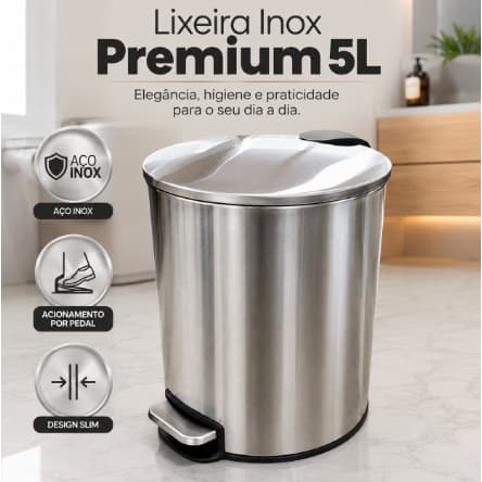 Lixeira Inox 5L com Pedal Slim Premium Banheiro Cozinha Aço Inoxidável Compacta  Opção 2