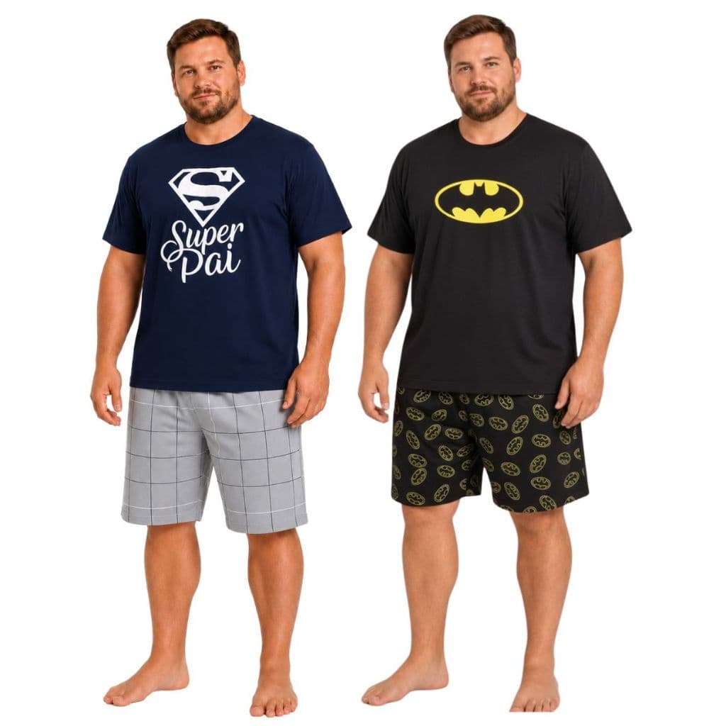 Kit 2 Pijamas Masculino Plus Size Personagem Manga Curta e Short Verão Tamanhos do G1 ao G3