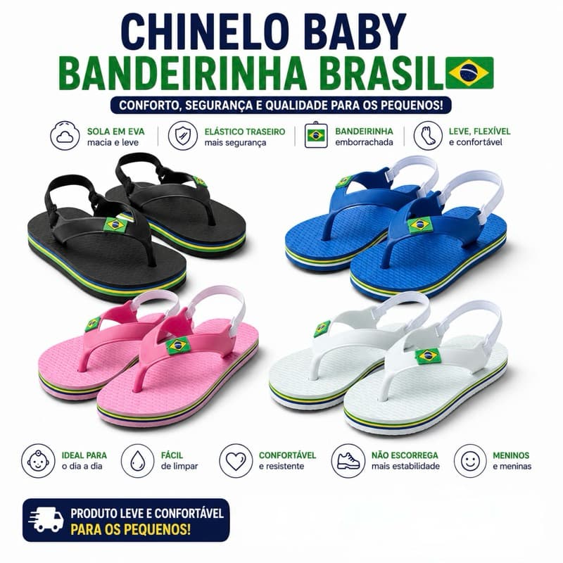 Chinelo Bebê Bandeirinha Brasil EVA Infantil Macio com Elástico Traseiro Antiderrapante Menino Menina
