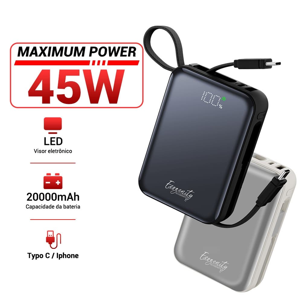 ECOZENITY powerbank 45W 20000MAH Carregamento rápido com dois tipos de cabos e tela LED