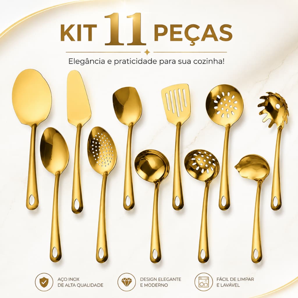 Kit 11 Peças Utensílios de Cozinha Dourado - Espátula Colher Concha Escumadeira Pegador de Pizza