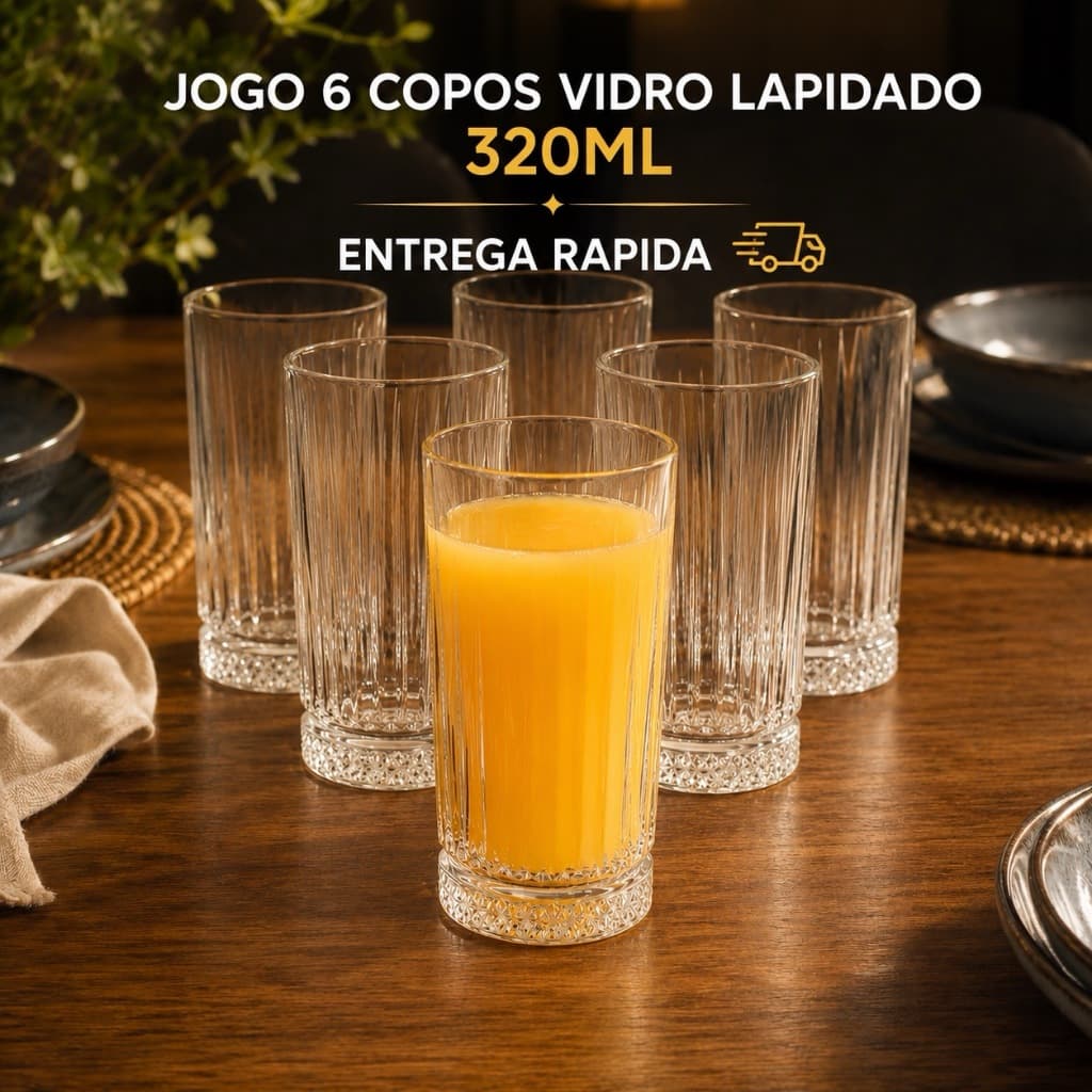 Jogo 6 Copos Vidro Lapidado 320ml Grosso Transparente Long Drinks Suco Agua