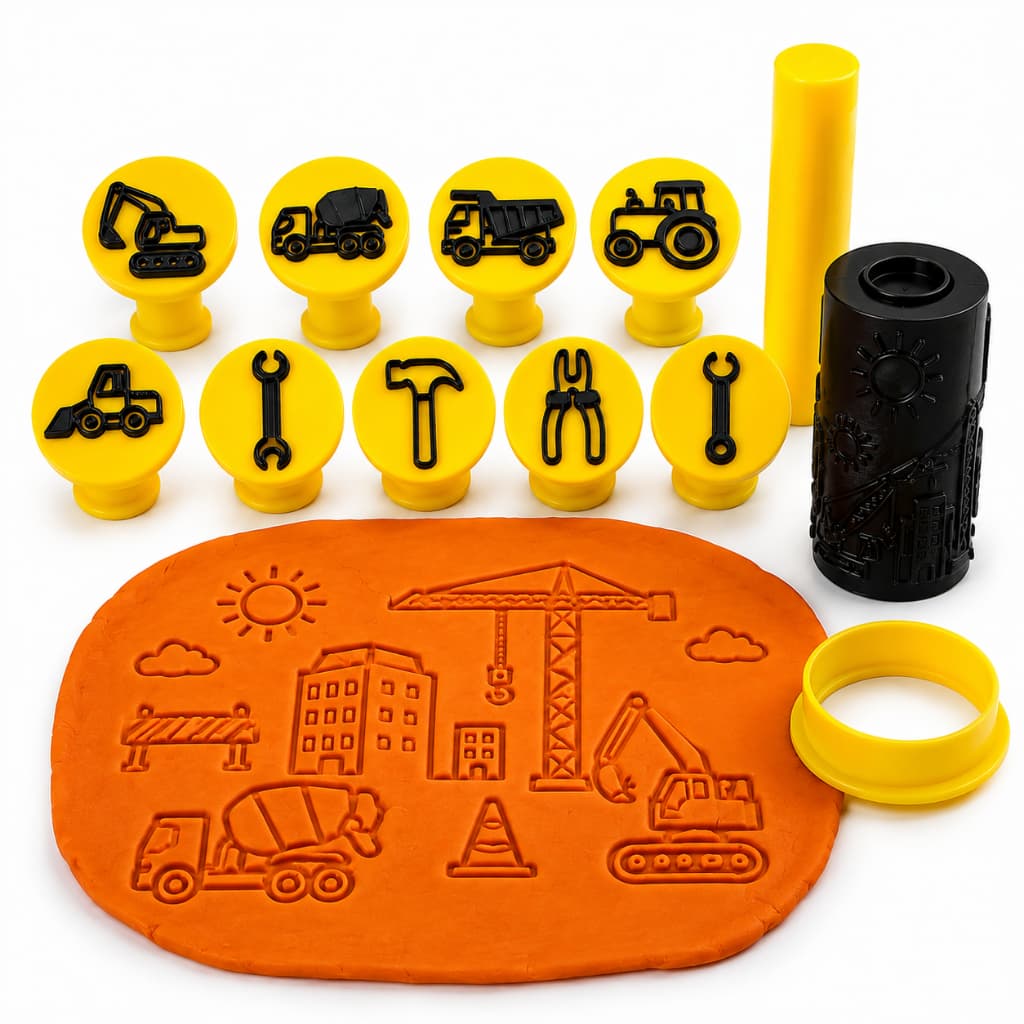 Kit Carimbos para Massinha Tema Construção + Rolo Texturizado e Abridor Brinquedo Educativo Infantil