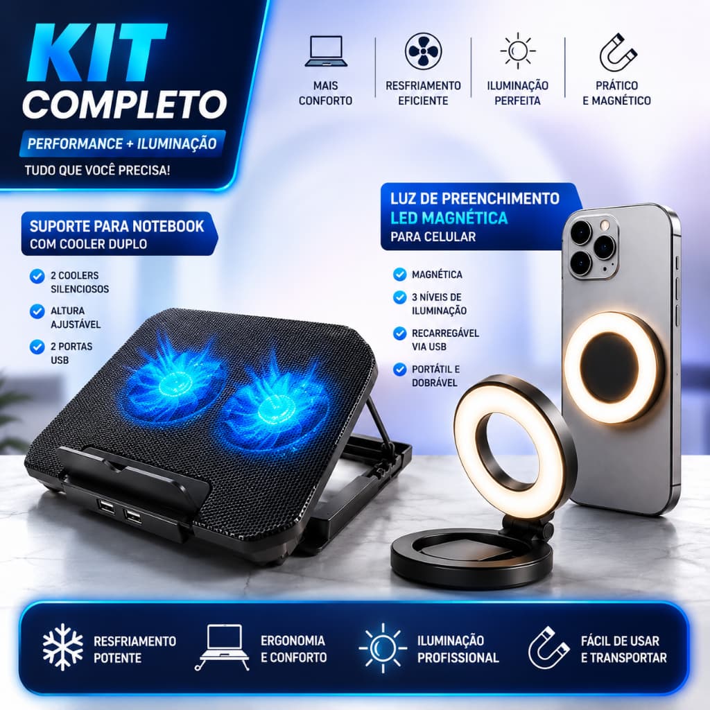 KIT SUPORTE PARA NOTEBOOK COM COOLER DUPLO AJUSTÁVEL + LUZ DE PREENCHIMENTO LED MAGNÉTICA PARA CELULAR USB