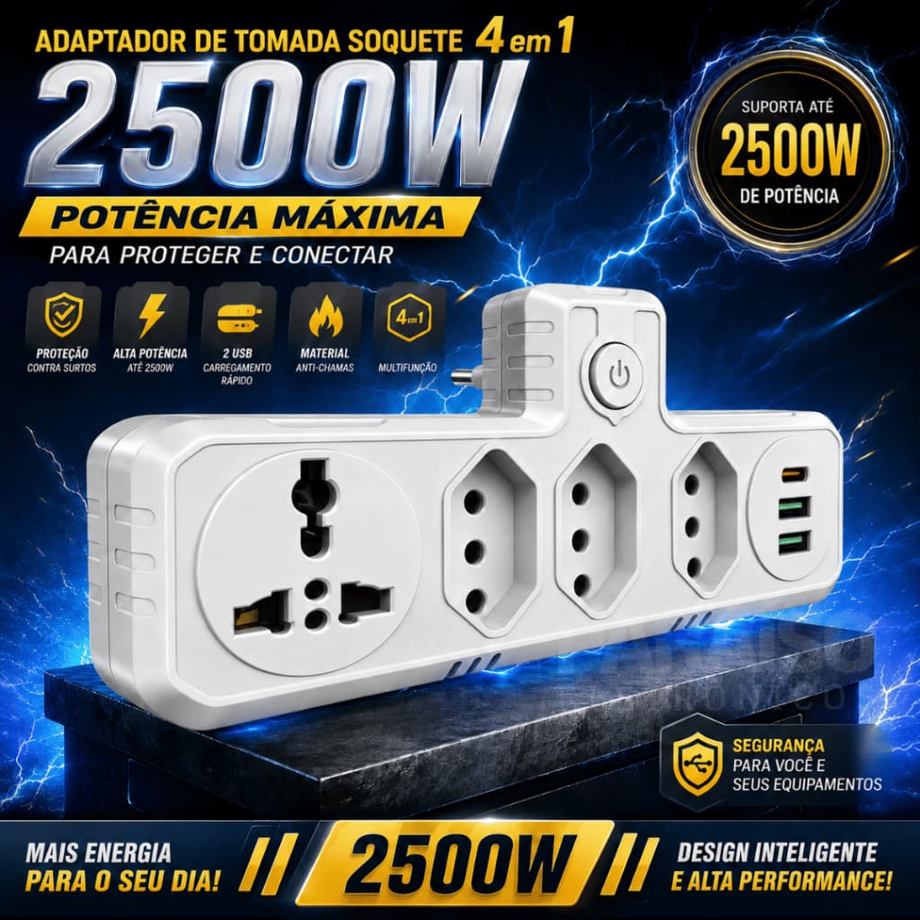 Adaptador de Tomada 2500W 4 em 1 Soquete Universal Régua de Energia USB Tipo-C Botão Liga/Desliga