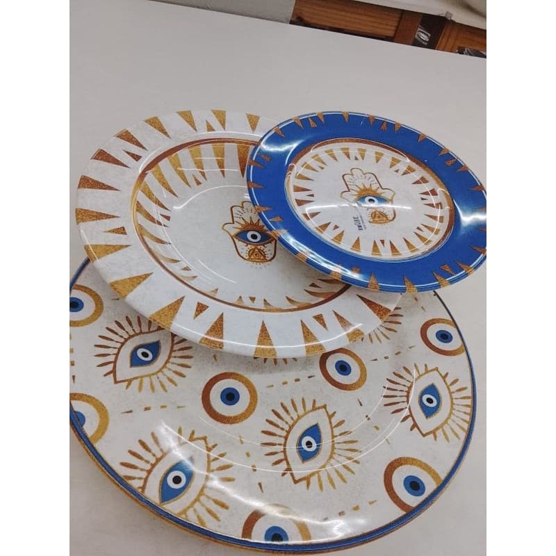 Kit Pratos Cerâmicos Decorativos 3 Peças Olho Grego Mão de Fátima Branco Azul Dourado 2°linha.