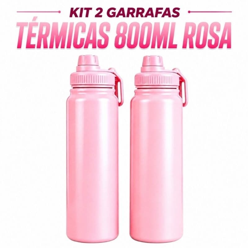 KIT PREMIUM – 2 Garrafas Térmicas 800ML Rosa Inoxidável com Isolamento Térmico Quente e Frio