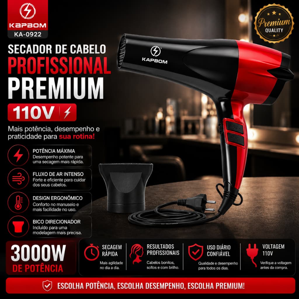 Secador de Cabelo Profissional 110V Potente Premium para Secagem Prática no Dia a Dia