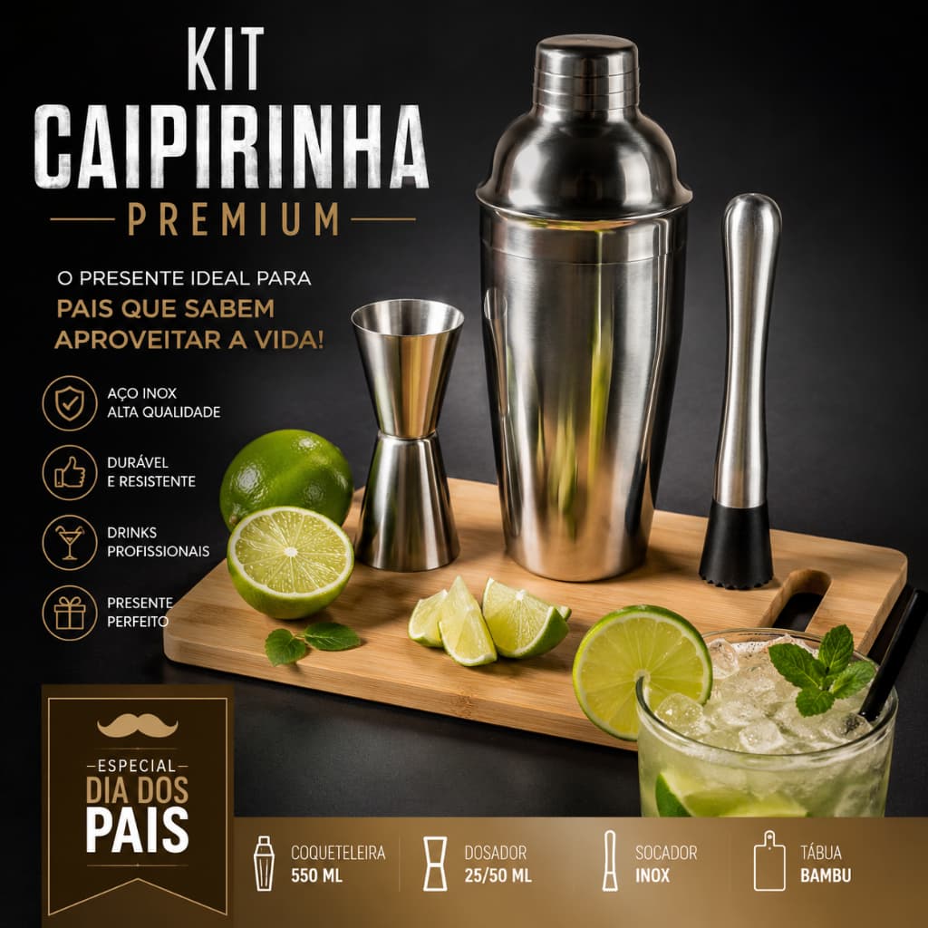 Kit 4 peças Dia dos Pais Bartender com Dosador Coqueteleira Socador Macerador e Tabua de Corte barman