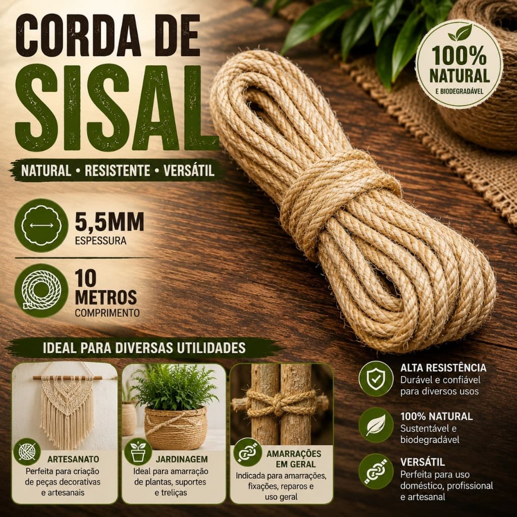 Corda de Sisal 5,5mm 10 Metros Fibra Natural para Artesanato Jardinagem Macramê e Decoração