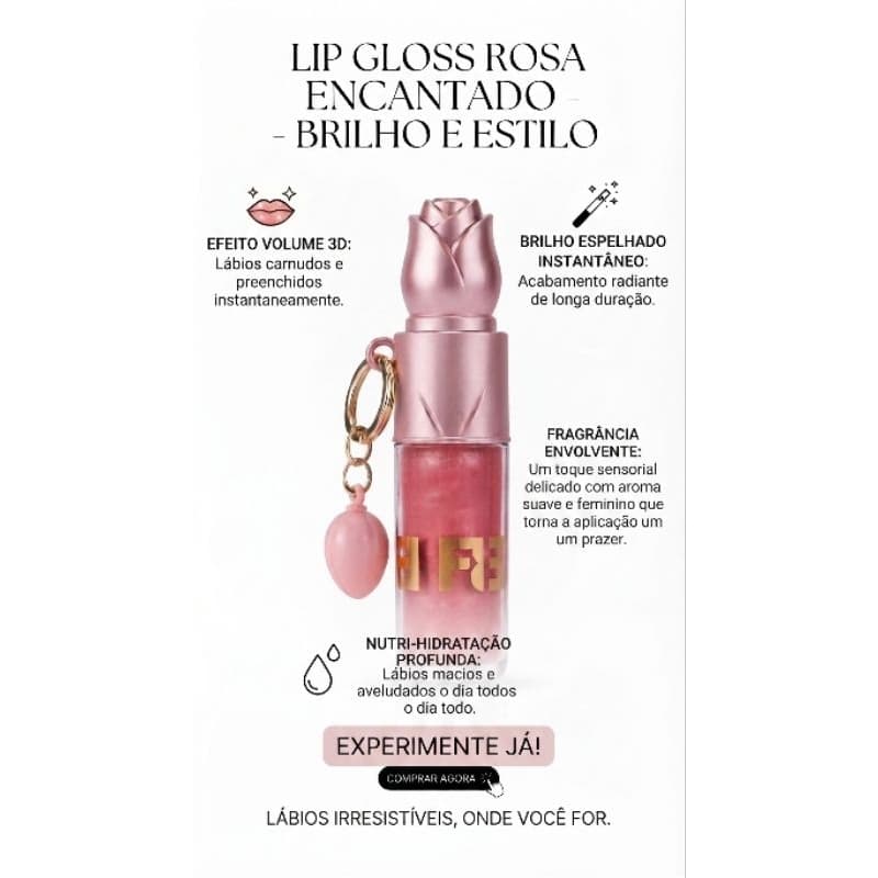 Lip Gloss Rosa Encantado Gloss Labial Com Chaveiro Efeito Volume Hidratante Brilho Espelhado Maquiagem