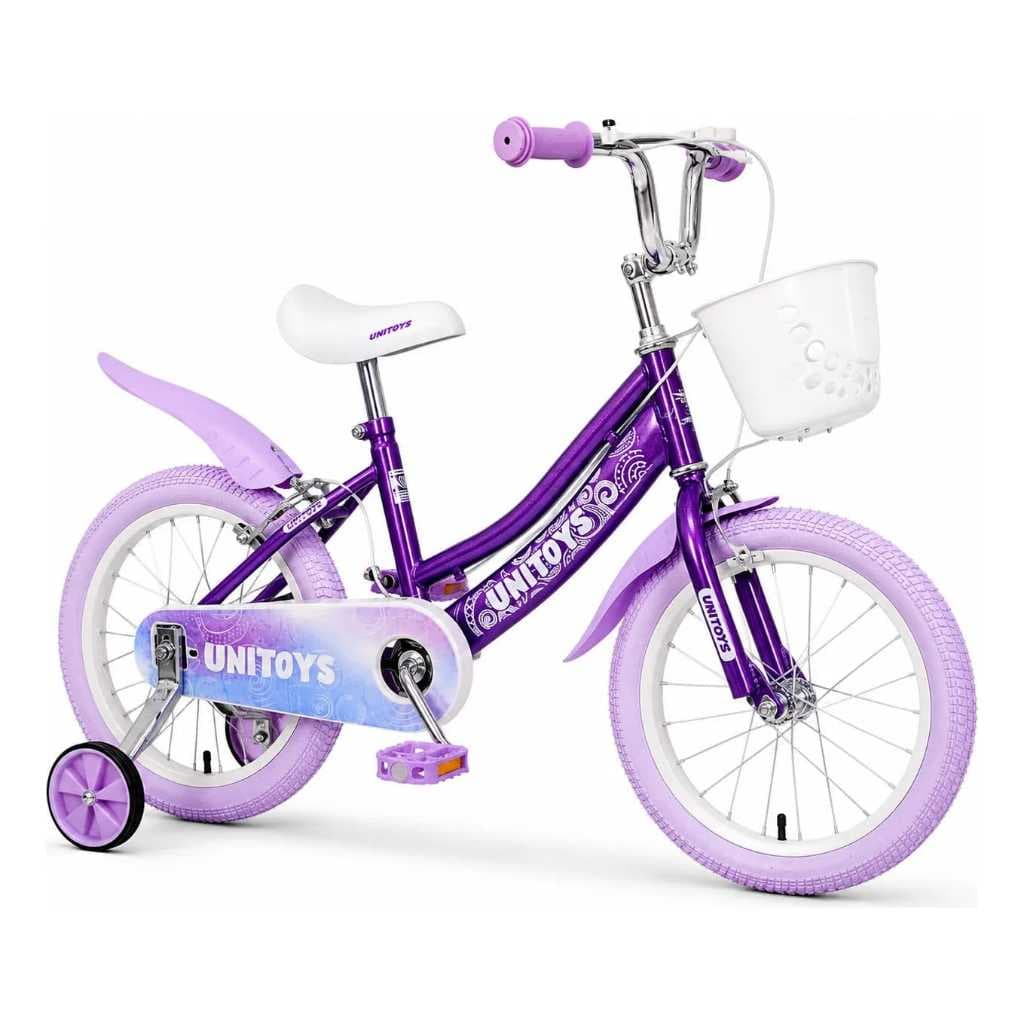 Bicicleta Infantil Roxa Com Glitter Com Cestinha Rodinhas Laterais Protetor Corrente Conforto Segurança Aro 16 Unitoys