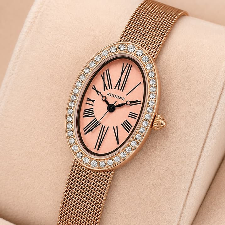 elógio Feminino R969 Rose Gold, Mostrador Oval Romano com Cristais, à Prova d'Água 30M. Ideal para Presente