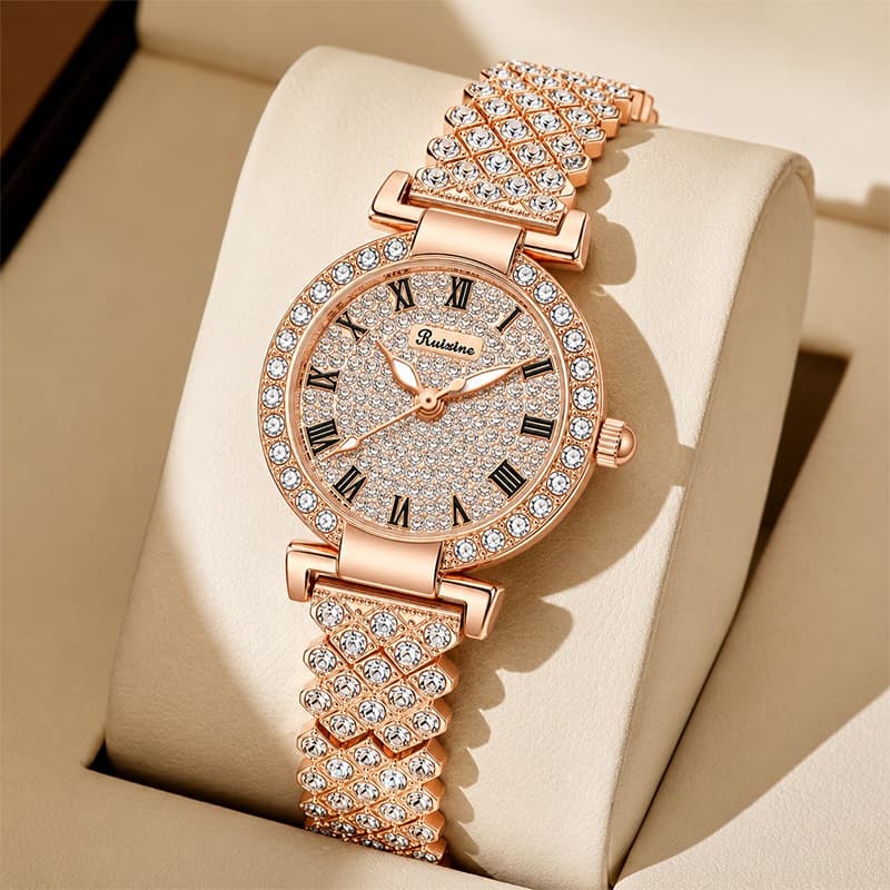 Relógio Feminino Quartz Mostrador Cheio de Cristais Pulseira Metálica com Pedras Resistente à Água, Ideal para Presente