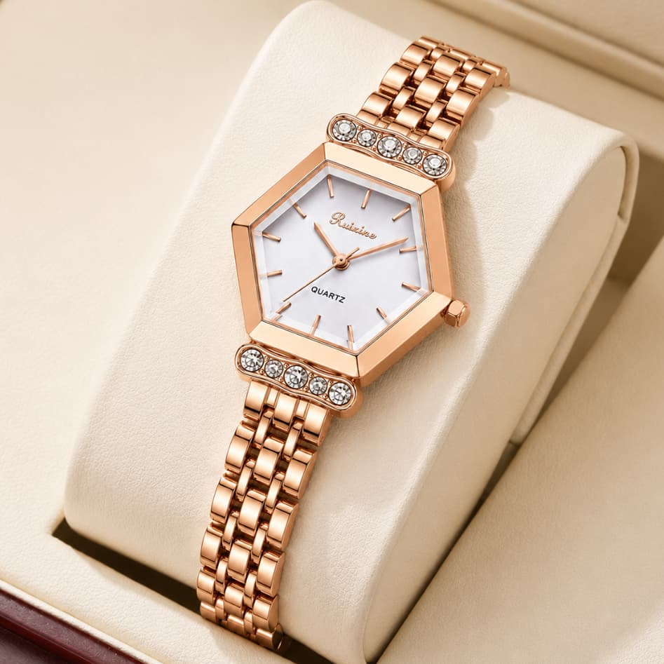 Relógio Feminino Quartz 8229 Hexagonal Rose Gold com Cristais – Pulseira de Aço Inoxidável, 30M à Prova d’Água