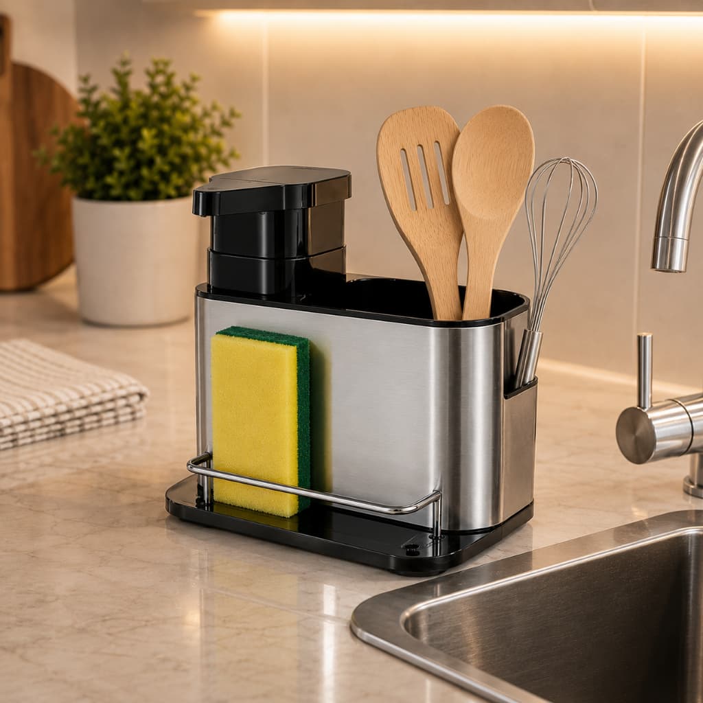 Porta Detergente e Dispenser 3 em 1 Aço Inox Sabão Liquido Esponja Escorredor Utensilios de Cozinha Organizador de pia