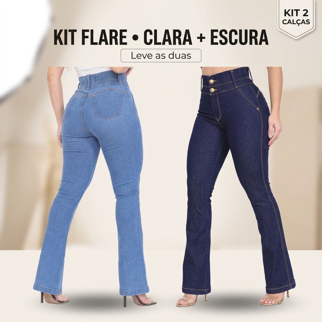 Kit 2 Calças Flare Femininas Jeans Lycra Levanta Bumbum Cintura Alta